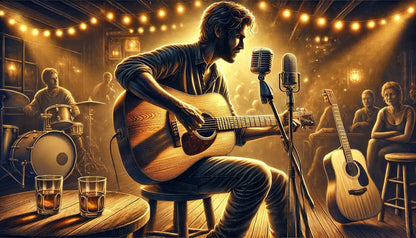 Gitarrist auf der Bühne
Essbarer Tortenaufleger im DIN A4 Format – Szene eines Musikers mit Gitarre bei einem Live-Auftritt, stimmungsvoll beleuchtet und voller Atmosphäre