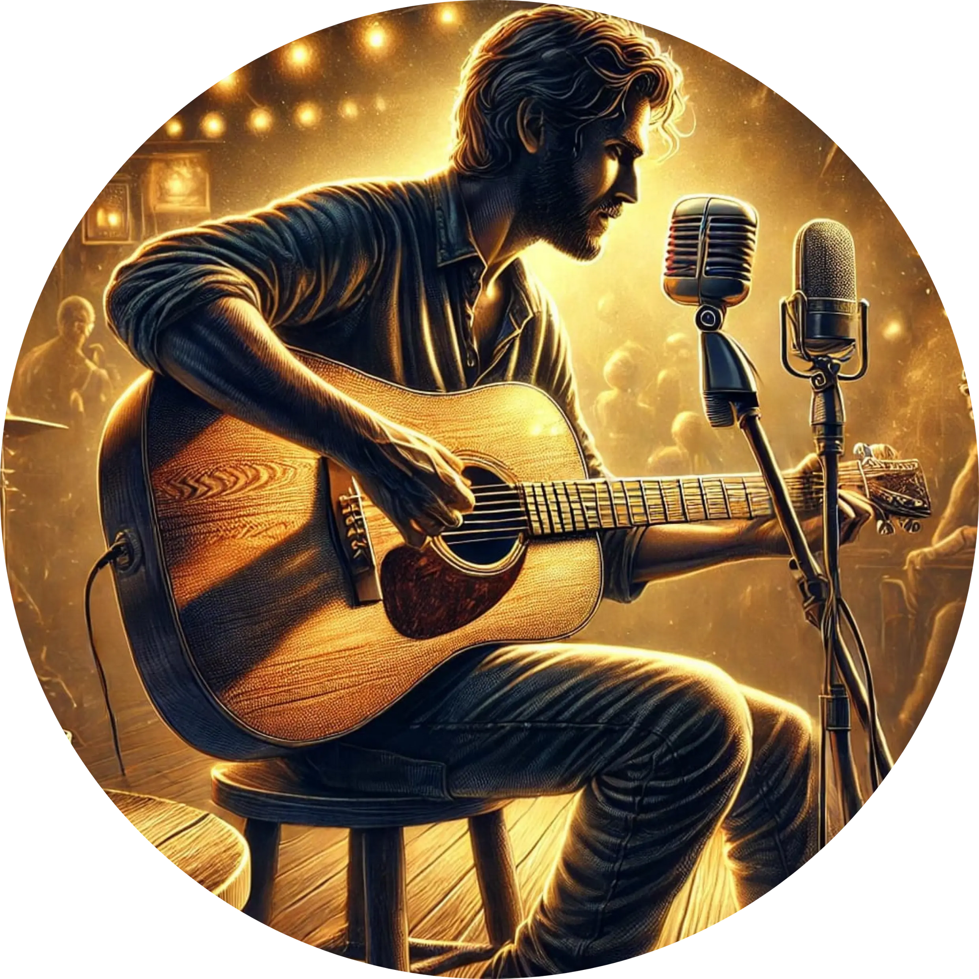 Musiker spielt Gitarre im Tonstudio, umgeben von Mikrofonen und Technik