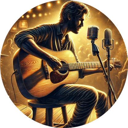 Musiker spielt Gitarre im Tonstudio, umgeben von Mikrofonen und Technik