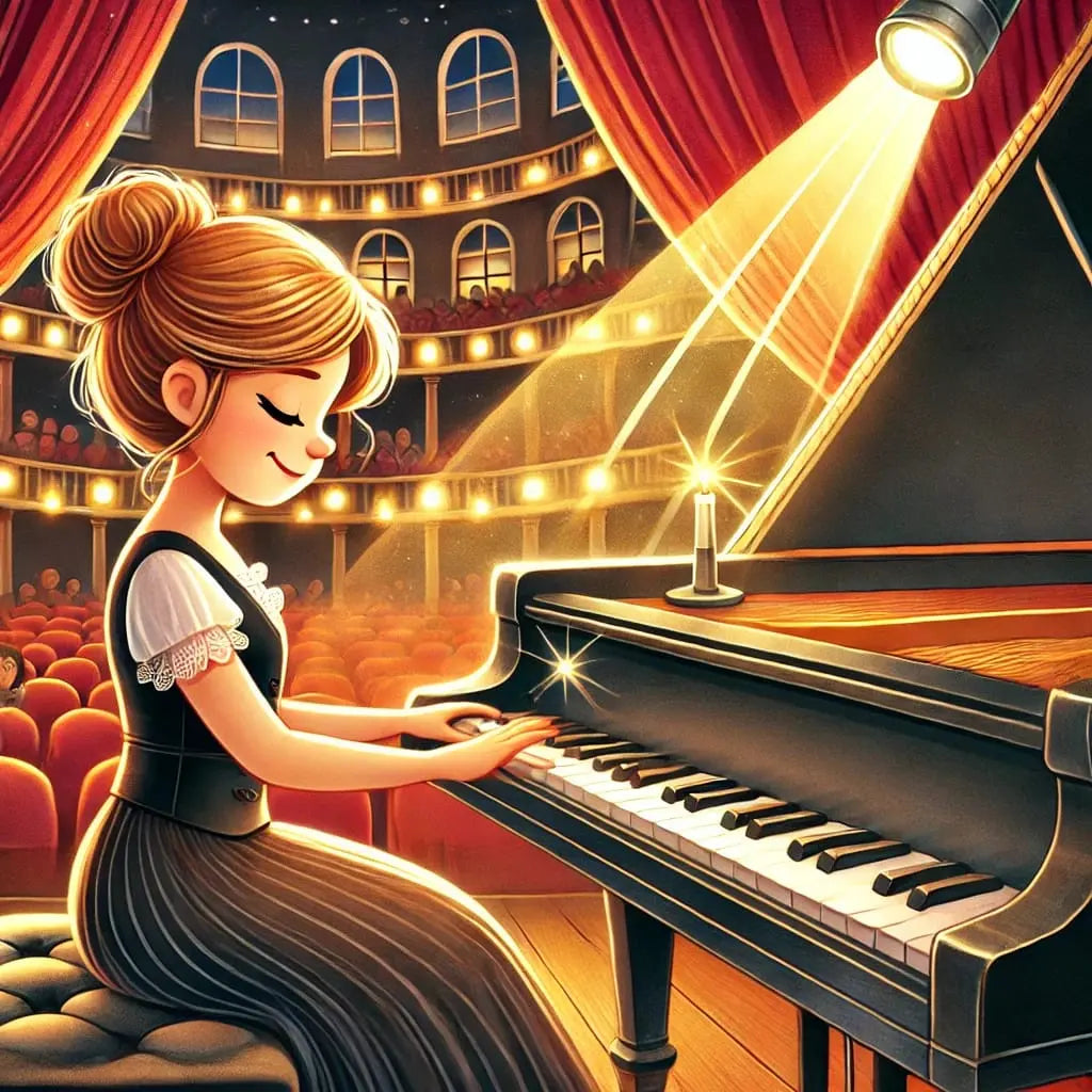 Musikerin gibt ein Konzert auf einem Flügel in einem Konzertsaal