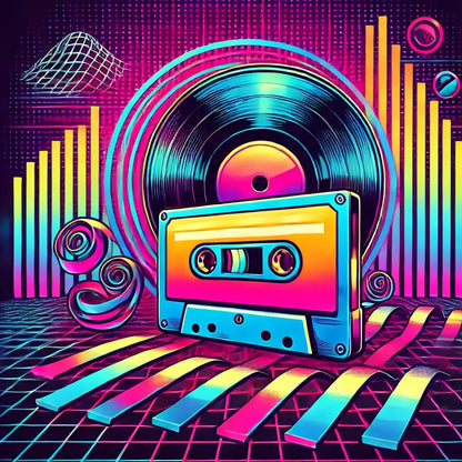 Bunte Musikkassette im Retrodesign – Eine klassische Audiokassette mit Neonakzenten und Regenbogenlinien im Hintergrund.