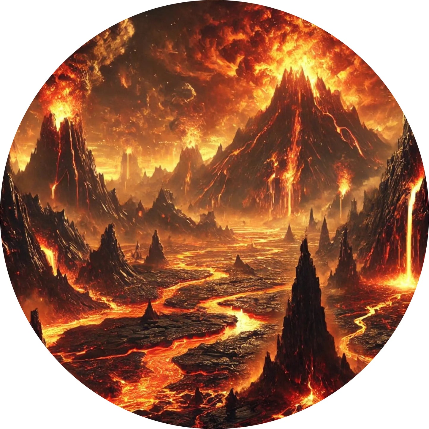 Feuriges Muspelheim – Heimat der Feuerriesen, brodelnde Landschaft mit Lavaströmen und glutroten Bergen.