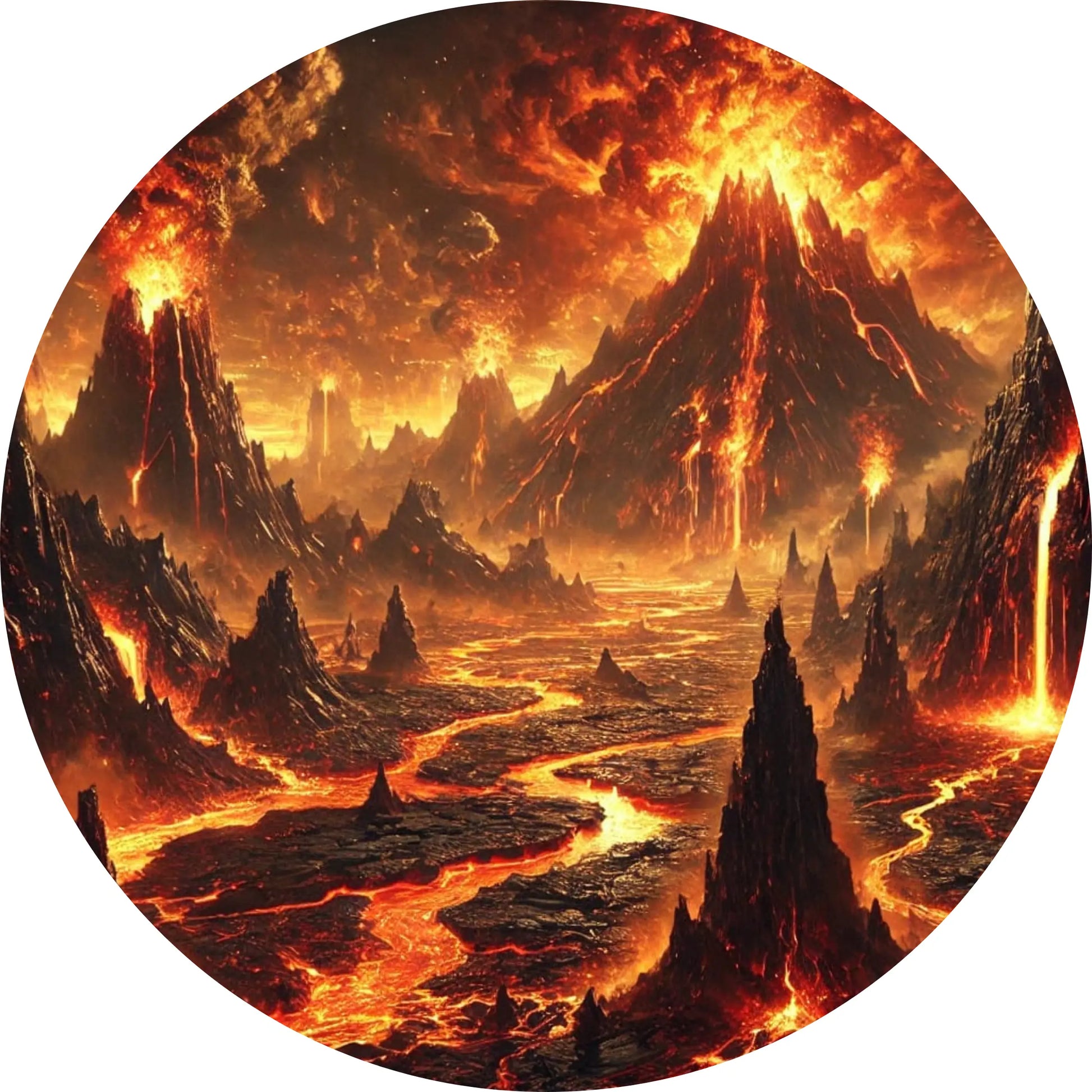 Feuriges Muspelheim – Heimat der Feuerriesen, brodelnde Landschaft mit Lavaströmen und glutroten Bergen.