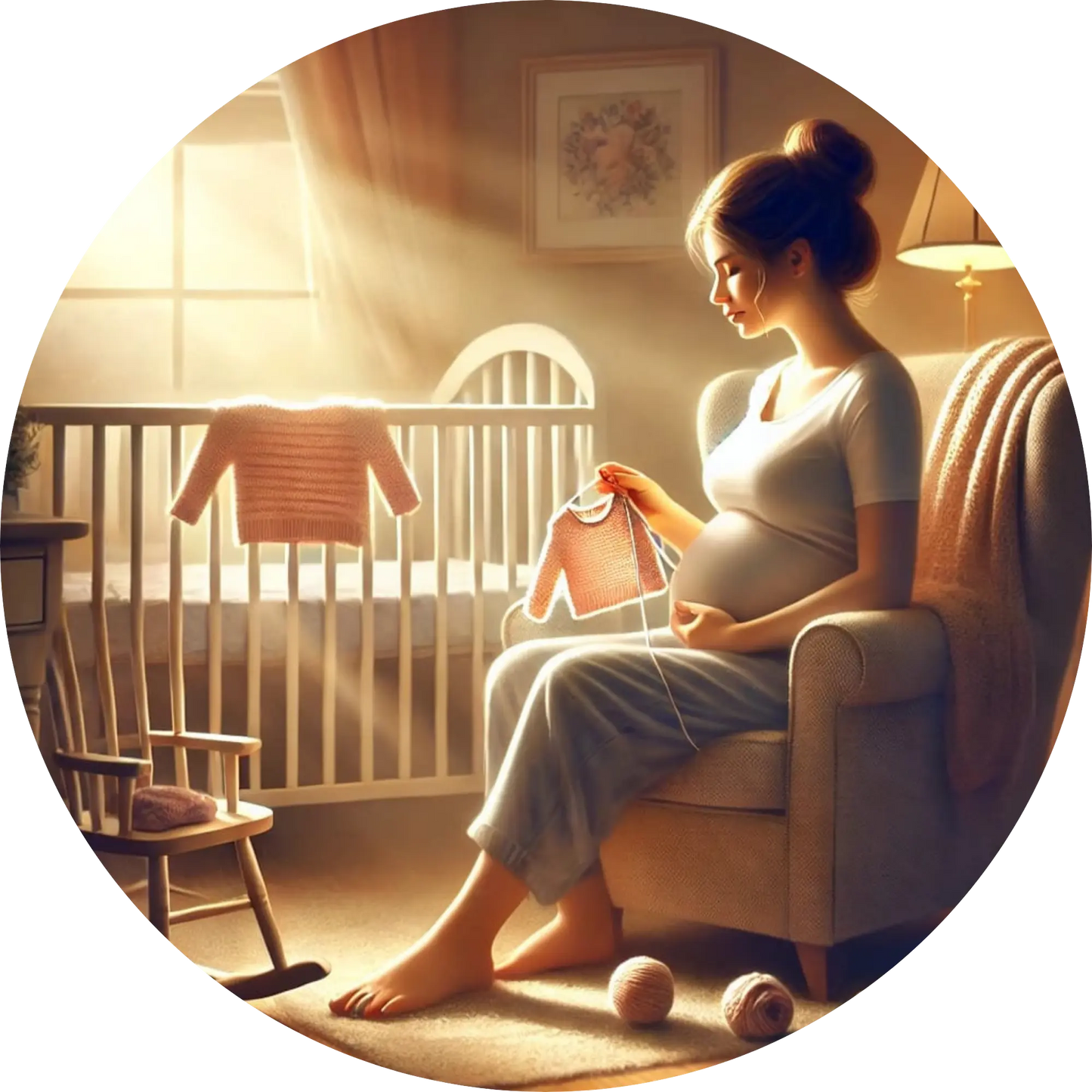 Schwangere sitzt mit gestrickter Kleidung auf einem Sessel am Kinderbett – emotionales Familienmotiv