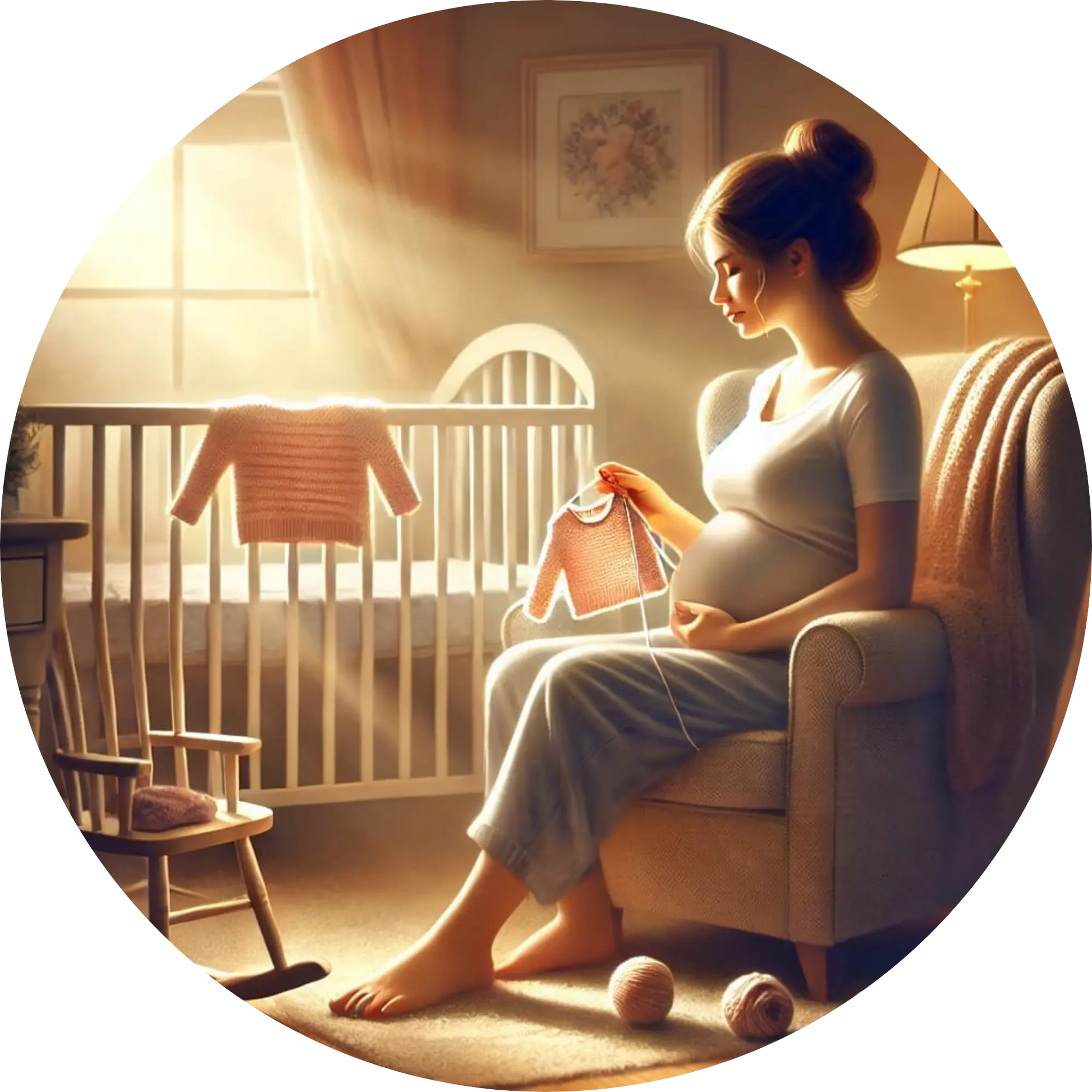 Schwangere sitzt mit gestrickter Kleidung auf einem Sessel am Kinderbett – emotionales Familienmotiv