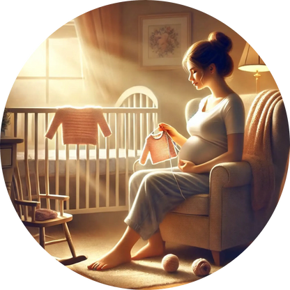 Schwangere sitzt mit gestrickter Kleidung auf einem Sessel am Kinderbett – emotionales Familienmotiv