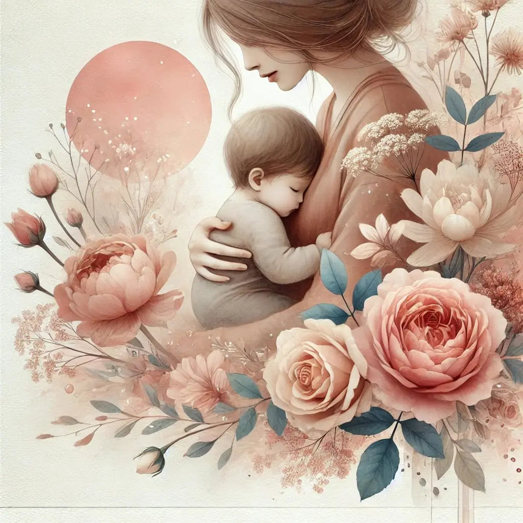 Illustration einer liebevollen Mutter, die ihr Baby im Arm hält, umgeben von rosafarbenen Pfingstrosen – zartes Muttertagsmotiv im Aquarellstil.