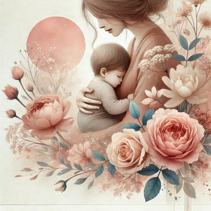 Illustration einer liebevollen Mutter, die ihr Baby im Arm hält, umgeben von rosafarbenen Pfingstrosen – zartes Muttertagsmotiv im Aquarellstil.