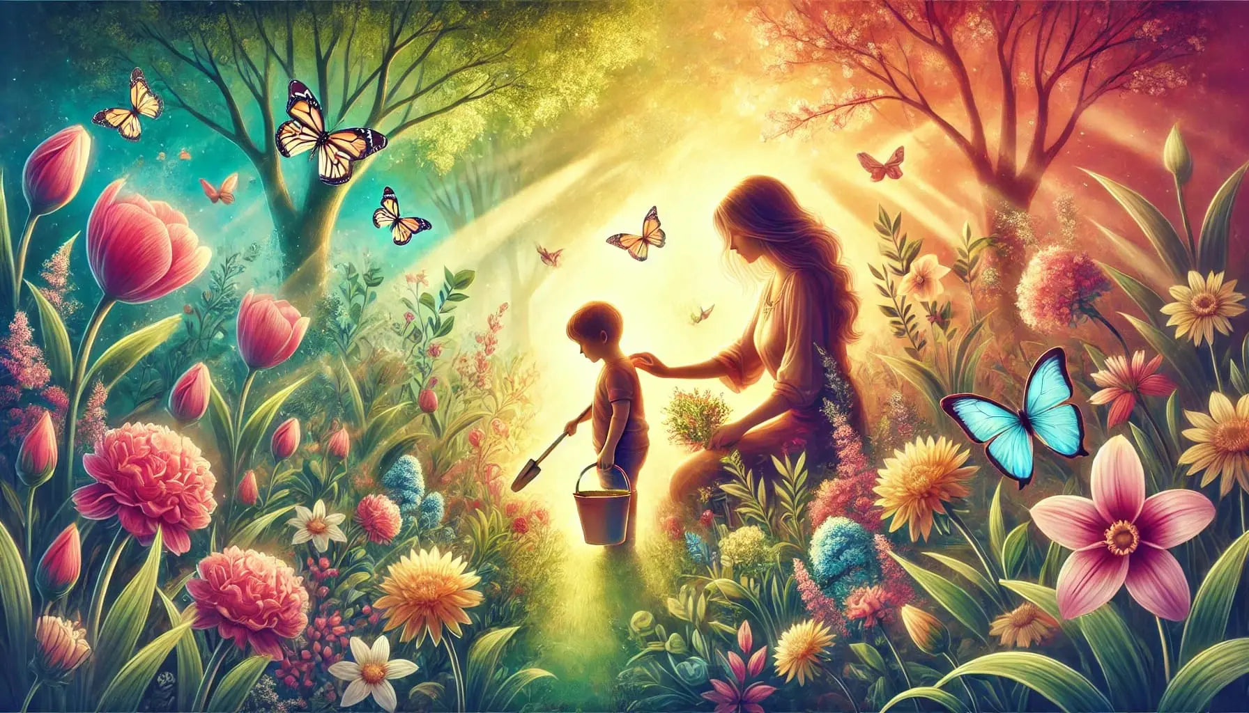 Mutter begleitet ihr Kind beim Gärtnern in einem farbenfrohen Garten voller Blumen und Schmetterlinge – liebevolle Szene für Muttertag

