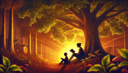 Mutter und Kind sitzen lesend unter einem großen Baum bei Sonnenuntergang – ruhiger Moment der Verbundenheit zum Muttertag