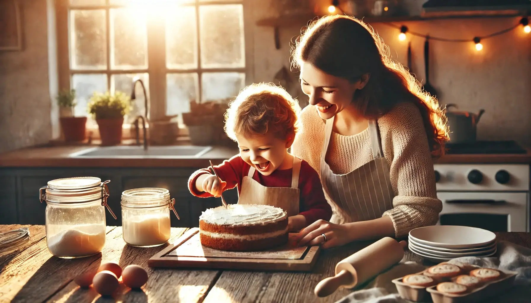 Mutter und Kind lachen beim gemeinsamen Backen eines Kuchens in einer warmen Küchenatmosphäre – liebevoller Muttertagsmoment