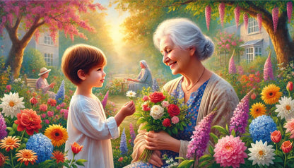 Kind übergibt seiner Großmutter einen bunten Blumenstrauß in einem sommerlichen Garten – herzliches Motiv zum Mutter- oder Großelterntag