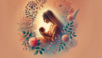 Liebevolle Darstellung einer Mutter mit Baby im Arm, inspiriert von klassischer Ikonografie, umgeben von zarten Blüten und Blättern in warmen Naturtönen – perfektes Motiv für spirituelle Muttertagsaufleger.