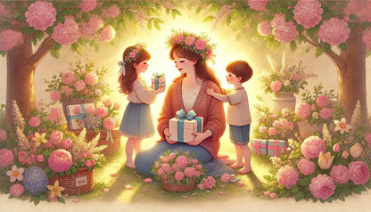 Fröhliches, kindlich-verspieltes Motiv mit zwei Kindern, die ihrer Mutter im Blumenmeer Geschenke überreichen – ideal für eine herzliche Muttertagsbotschaft.