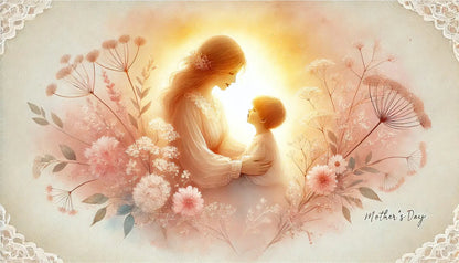 Zartes Bild einer Mutter mit Kind im Lichtschein, umrahmt von rosa Blüten und Spitzenornament – poetisches Design für liebevolle Muttertagsgrüße.