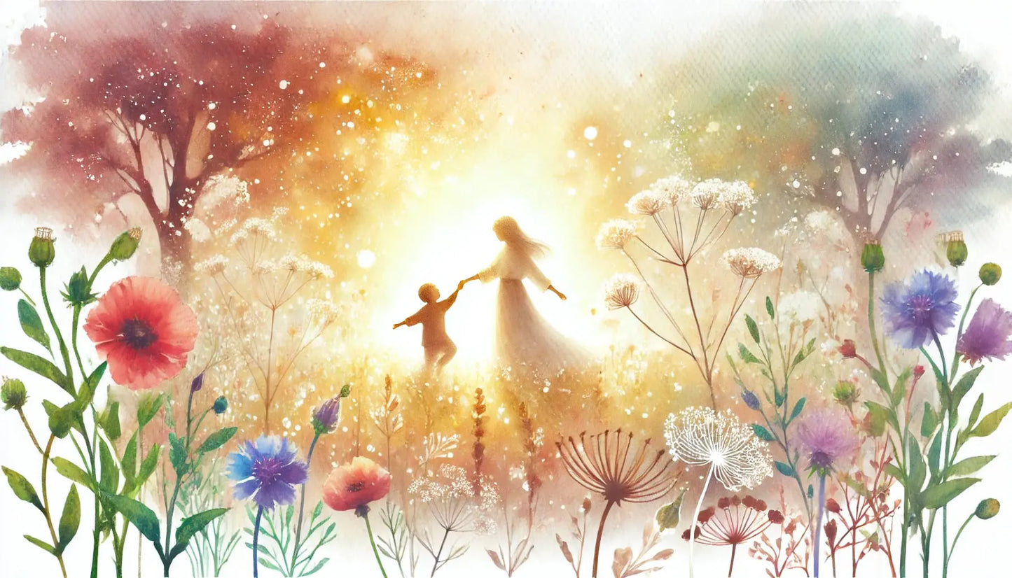 Traumhaftes Aquarell mit Mutter und Kind in einer leuchtenden Blumenwiese, umgeben von Mohn, Kornblumen und Pusteblumen – ein leichtes, naturverbundenes Design zum Muttertag.