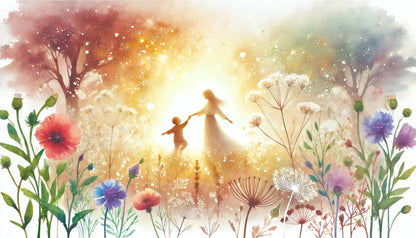 Traumhaftes Aquarell mit Mutter und Kind in einer leuchtenden Blumenwiese, umgeben von Mohn, Kornblumen und Pusteblumen – ein leichtes, naturverbundenes Design zum Muttertag.