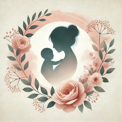 Silhouettenmotiv von Mutter und Kind, eingerahmt von Rosen und Blättern in warmen Rosétönen.