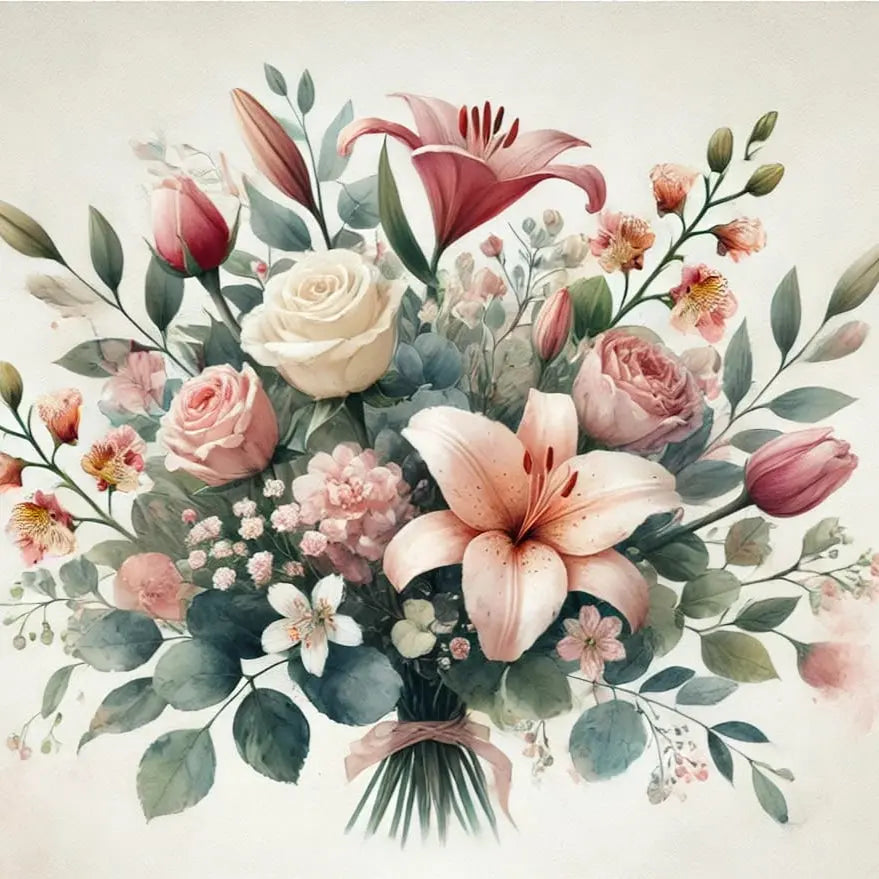 Romantischer Blumenstrauß mit Rosen, Lilien und Tulpen – elegantes Muttertagsdesign in Aquarelloptik.