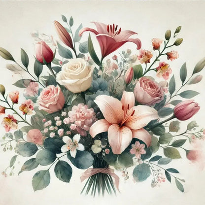 Romantischer Blumenstrauß mit Rosen, Lilien und Tulpen – elegantes Muttertagsdesign in Aquarelloptik.