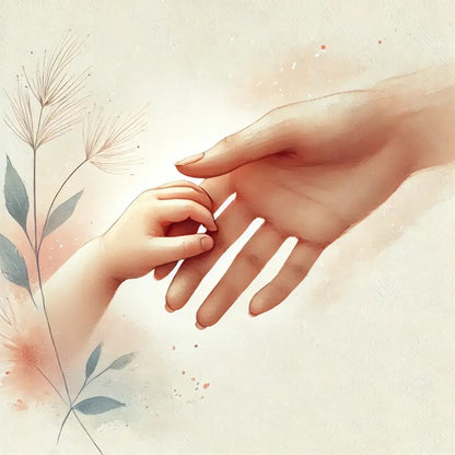 Nahaufnahme zweier Hände – ein Baby greift nach der Hand der Mutter. Zartes, emotionales Aquarelldesign.