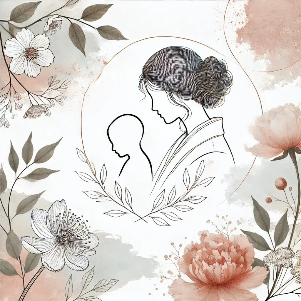 Line-Art-Motiv von Mutter und Kind mit floralen Umrahmungen – modernes Design mit ruhigem, stilvollem Charakter.