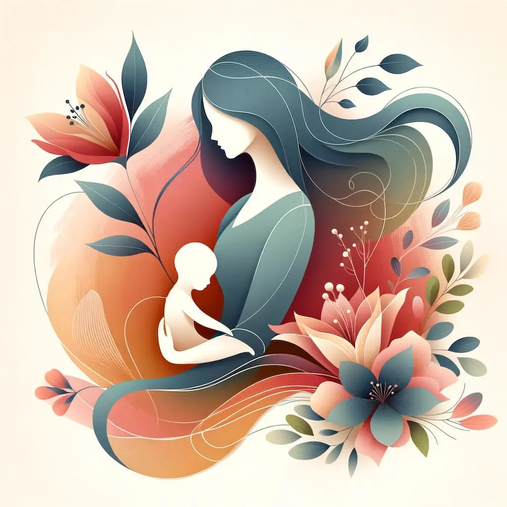 Stilvolle grafische Illustration einer Mutter mit Kind in harmonischen Rottönen, umgeben von floralen Elementen – ein modernes Muttertagsdesign mit emotionaler Tiefe.