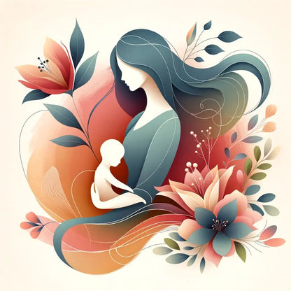 Stilvolle grafische Illustration einer Mutter mit Kind in harmonischen Rottönen, umgeben von floralen Elementen – ein modernes Muttertagsdesign mit emotionaler Tiefe.