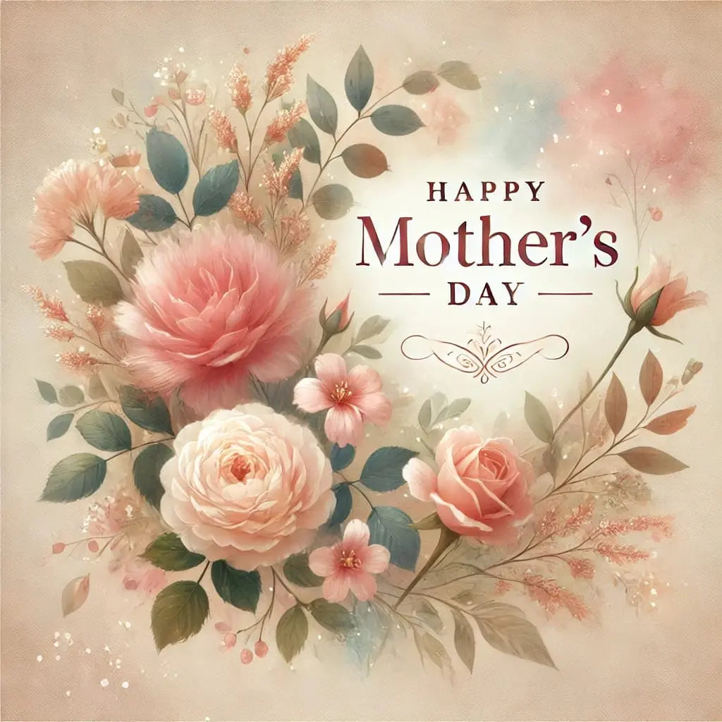 Romantisches Blumenbouquet mit Rosen, Blüten und zarten Blättern – in der Mitte stilvoller Schriftzug „Happy Mother’s Day“ auf einem pastelligen Hintergrund.