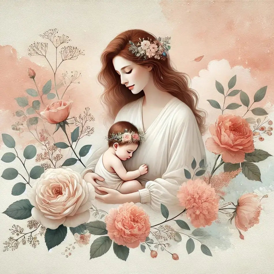 Zarte Aquarellzeichnung einer jungen Mutter mit Baby im Arm, umrahmt von Pfingstrosen und Blättern – ein liebevolles Design für den Muttertag.