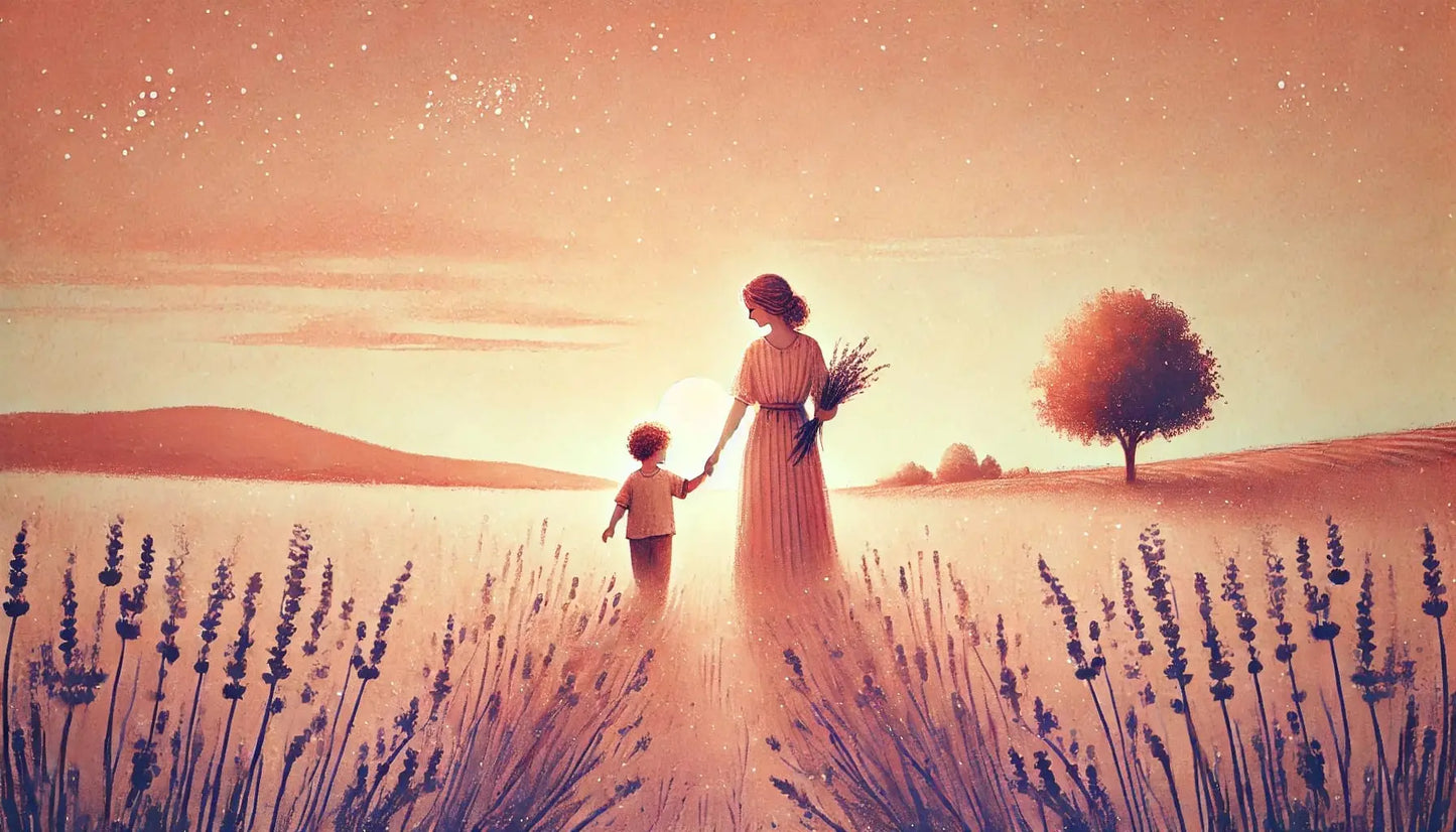 Stimmungsvolle Szene bei Sonnenuntergang: Mutter und Kind Hand in Hand in einem Lavendelfeld – poetisches Muttertagsmotiv mit nostalgischem Flair.