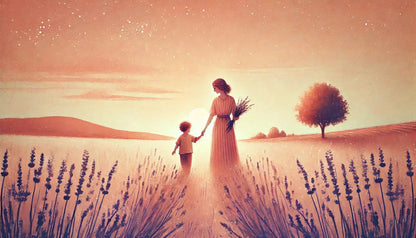Stimmungsvolle Szene bei Sonnenuntergang: Mutter und Kind Hand in Hand in einem Lavendelfeld – poetisches Muttertagsmotiv mit nostalgischem Flair.