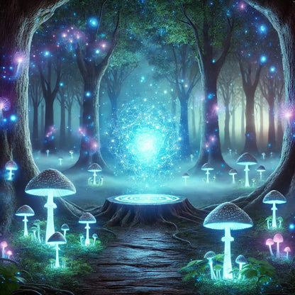 Mystischer Wald mit leuchtenden Pilzen und einem blauen Zauberportal im Zentrum.