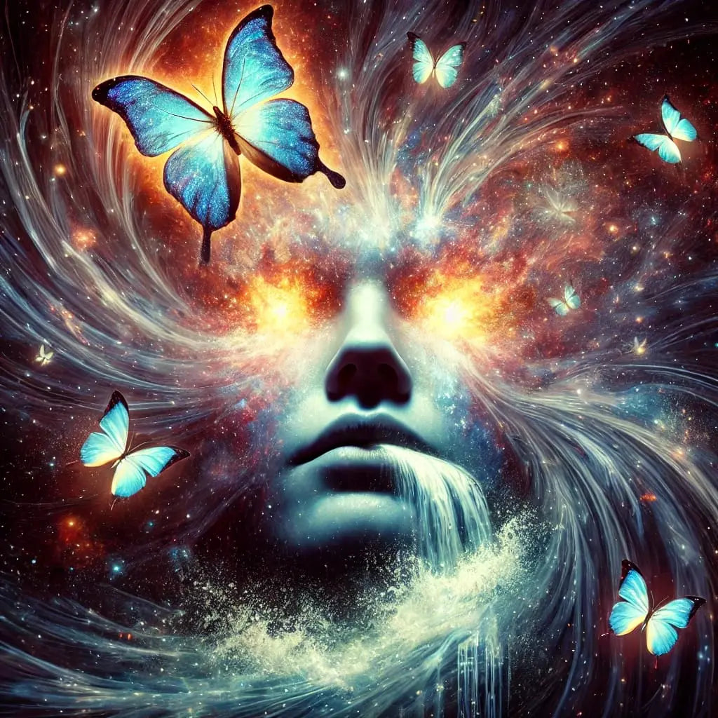 Mystisches Frauengesicht mit Schmetterlingen und Lichtern in galaktischer Traumwelt – zwischen Fantasie und Wirklichkeit.