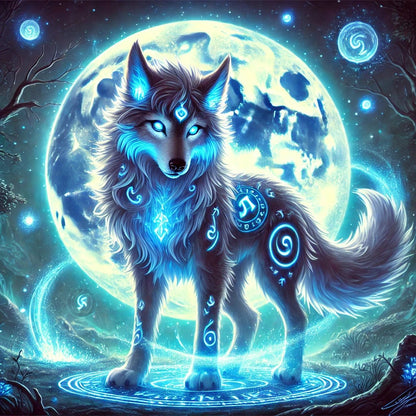 Mystischer Wolf mit leuchtenden Runen steht vor einem Vollmond und Nordlicht.