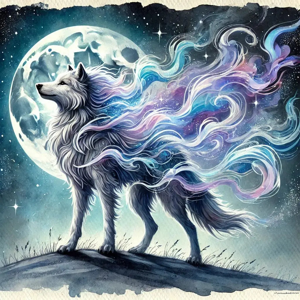 Mystischer Wolf mit leuchtender, mehrfarbiger Fellstruktur in dunklem Licht