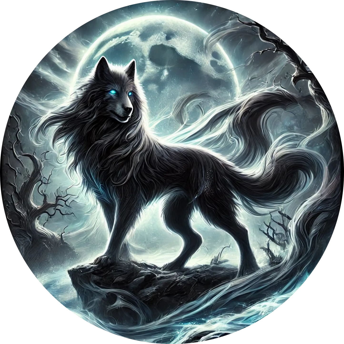 Mystischer Wolf mit leuchtenden Augen bei Nacht