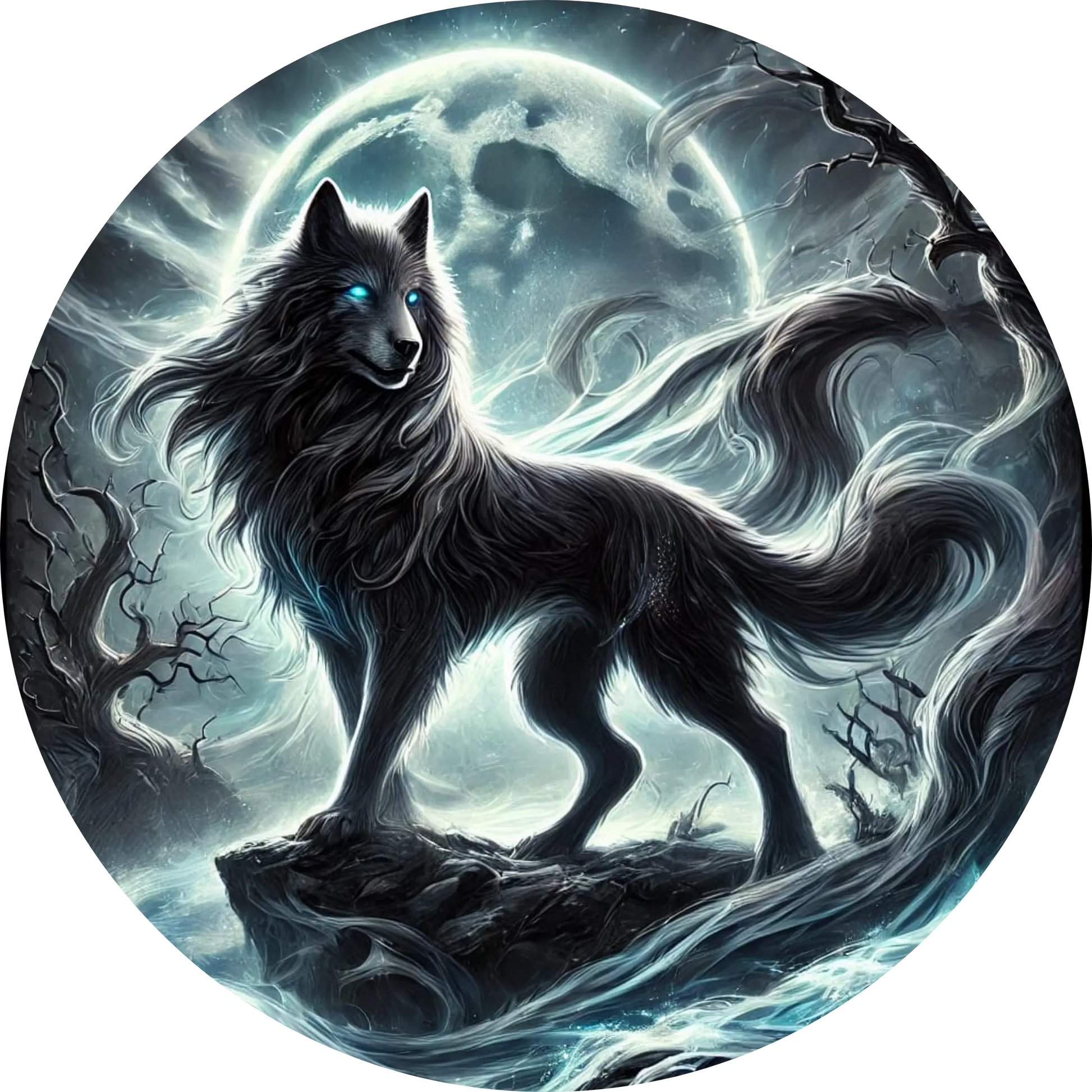 Mystischer Wolf mit leuchtenden Augen bei Nacht