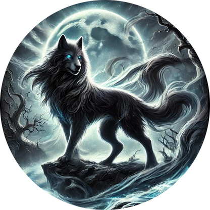 Mystischer Wolf mit leuchtenden Augen bei Nacht