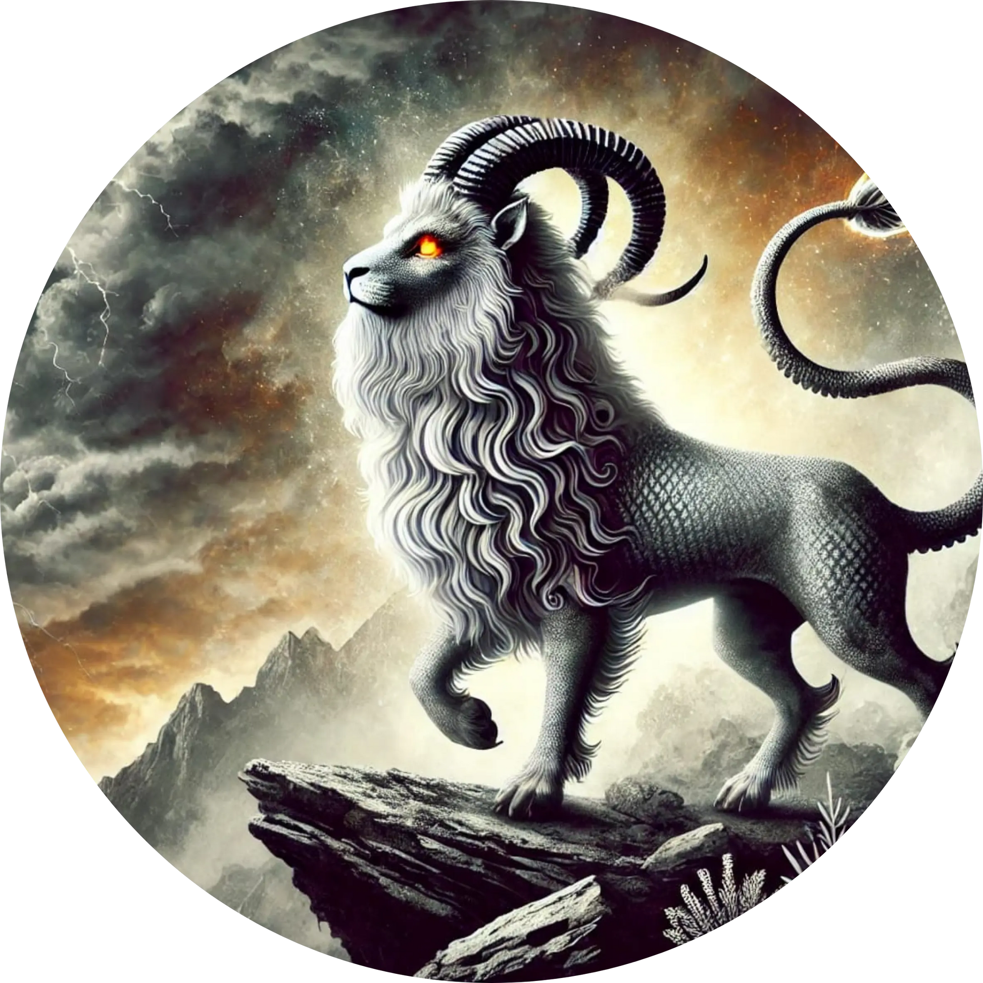 Mystischer Mischwesen aus Löwe und Ziegenbock mit Hörnern auf Felsplateau