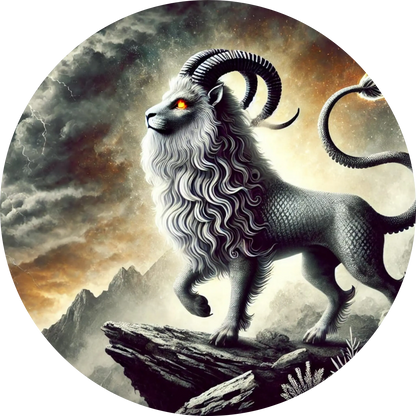 Mystischer Mischwesen aus Löwe und Ziegenbock mit Hörnern auf Felsplateau