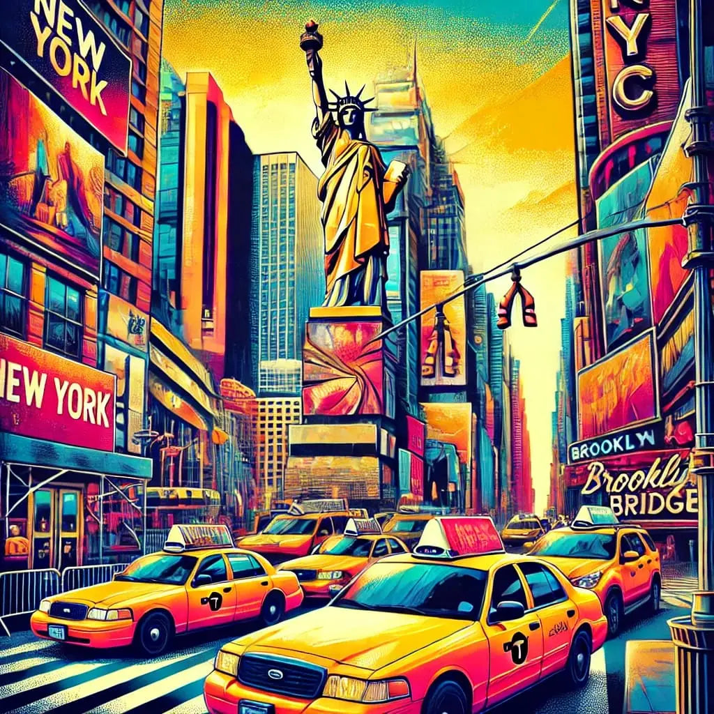 New York mit Freiheitsstatue, Taxis und Straßenschluchten – Farbintensive Stadtansicht mit Times Square und gelben Taxis.