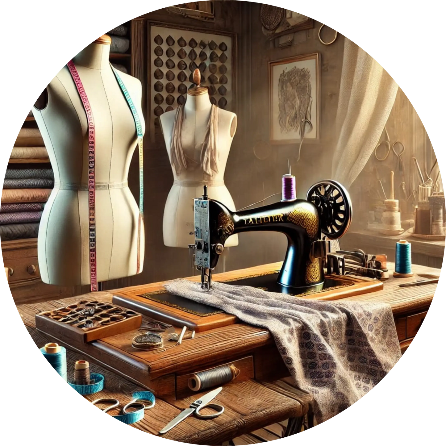 Stilvolle Schneiderpuppe mit Maßband, Schere und Stoffproben – ideales Design für Modebegeisterte, Schneiderhandwerk & DIY-Nähfans.