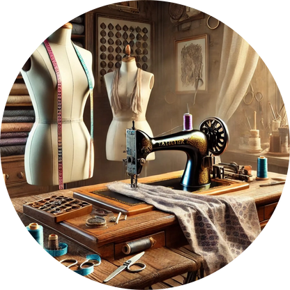 Stilvolle Schneiderpuppe mit Maßband, Schere und Stoffproben – ideales Design für Modebegeisterte, Schneiderhandwerk & DIY-Nähfans.