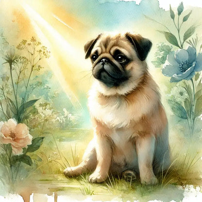 Nachdenklicher Mops sitzt auf grüner Wiese mit gelbem Licht – ruhige Szene