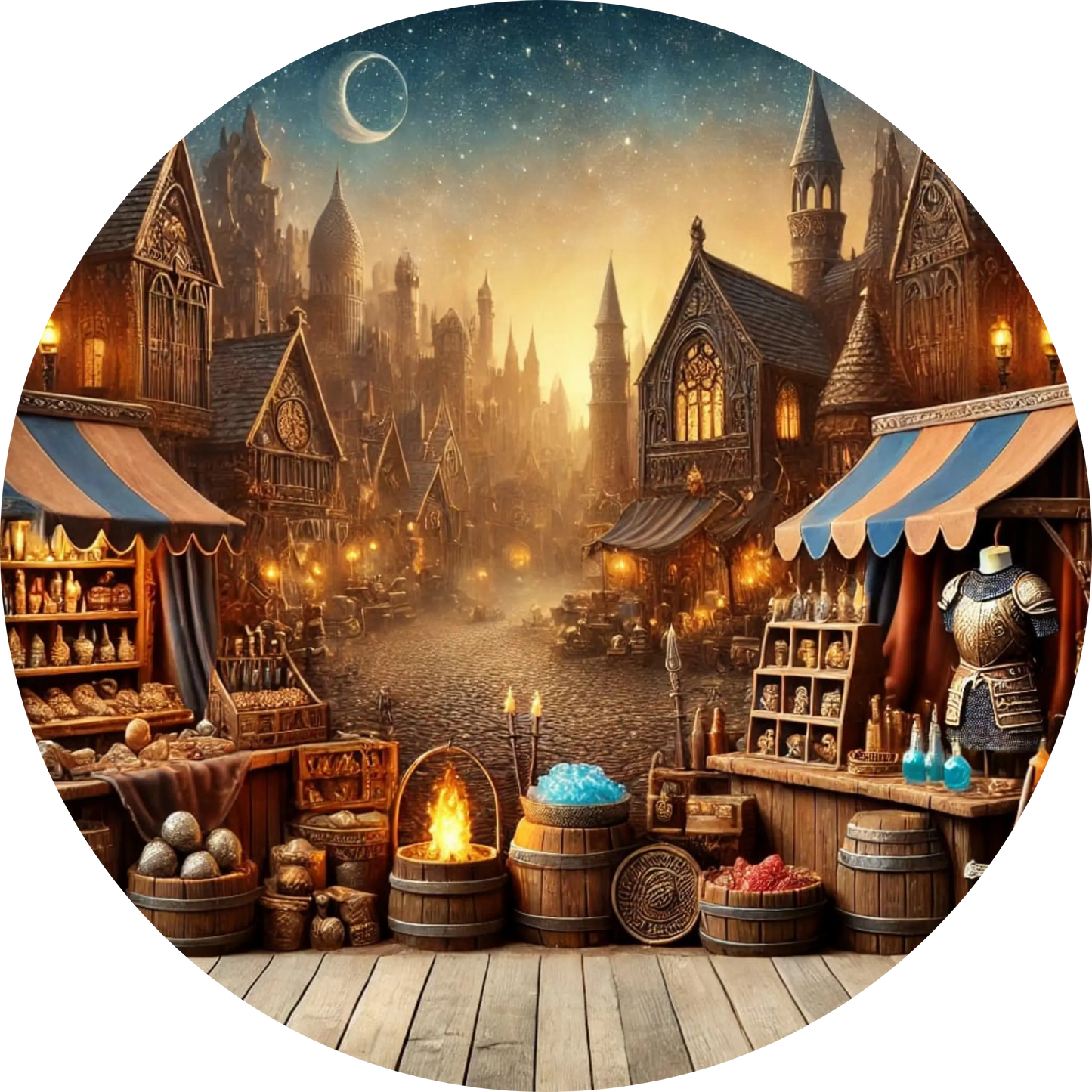 Nachtmarkt mit Verkaufsständen, Körben und Fässern im warmen Licht der Laternen.