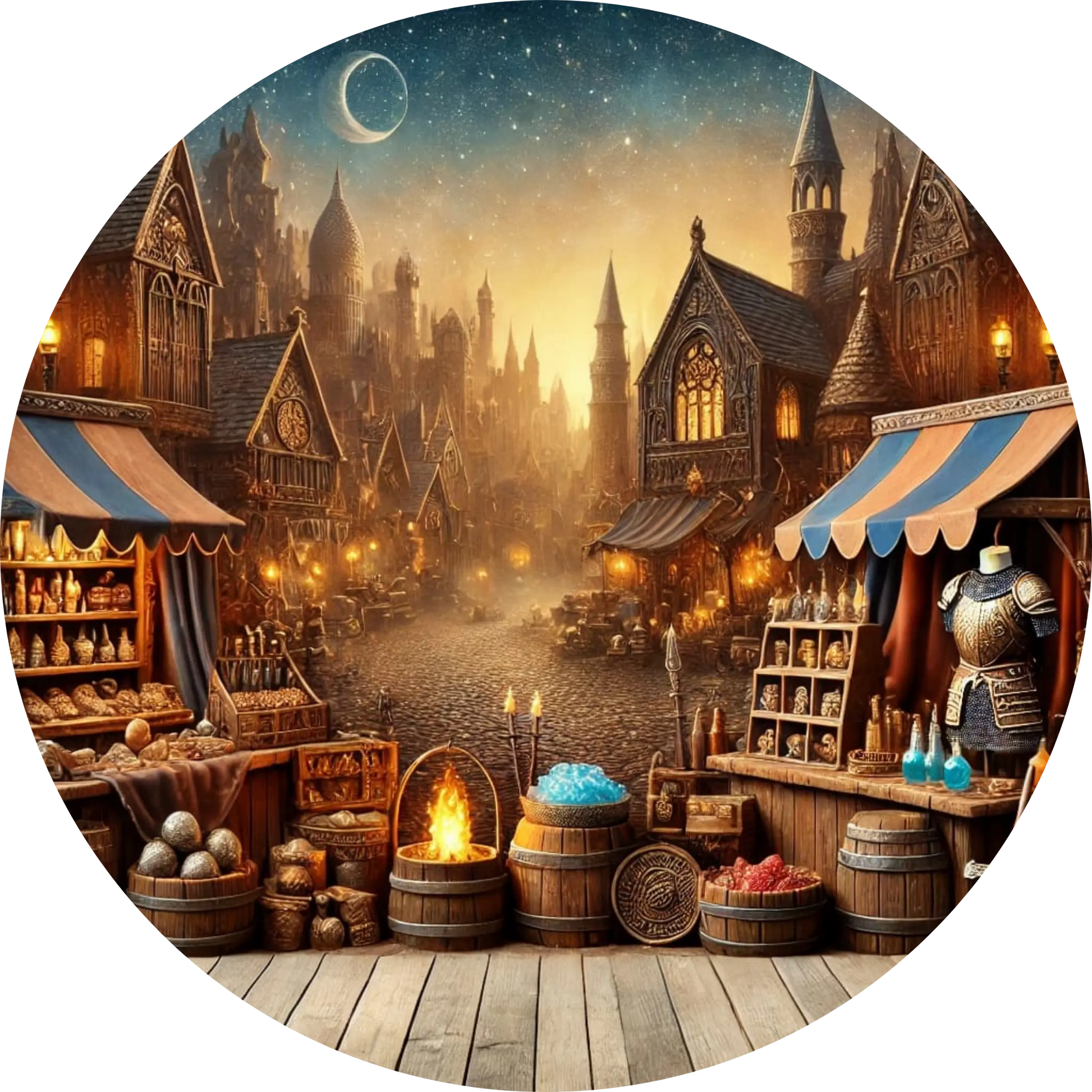 Nachtmarkt mit Verkaufsständen, Körben und Fässern im warmen Licht der Laternen.