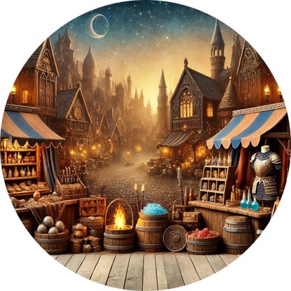 Nachtmarkt mit Verkaufsständen, Körben und Fässern im warmen Licht der Laternen.