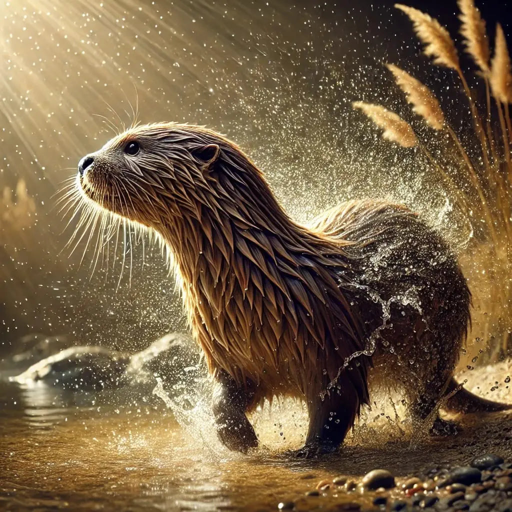 Otter in Gegenlicht am Fluss – mystisch leuchtende Szene mit Strahlen