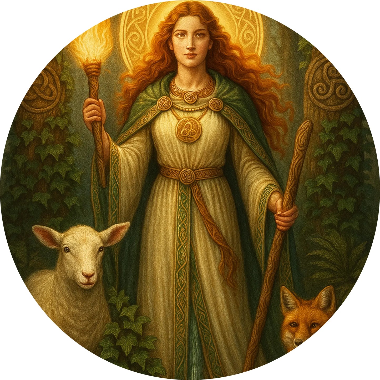 Naturgöttin mit Lamm und Fuchs – Eine sanfte Frau mit Fackel steht im grünen Wald mit Tieren an ihrer Seite – Sinnbild für Fruchtbarkeit und Schutz.